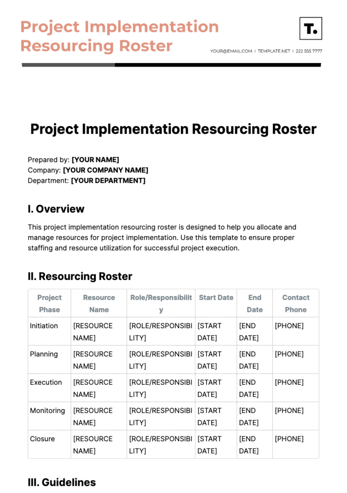 Project Implementation Resourcing Roster Template