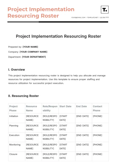 Free Project Implementation Resourcing Roster Template to Edit Online