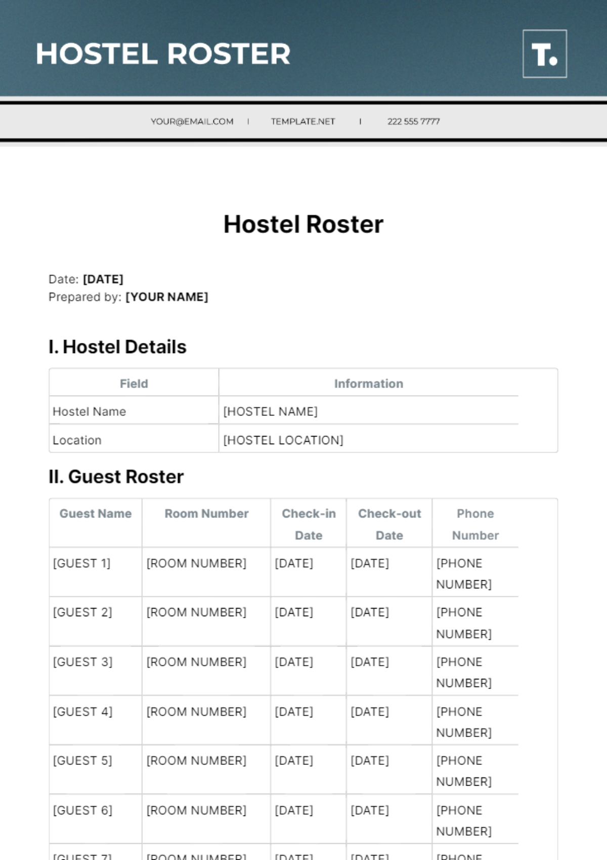 Hostel Roster Template