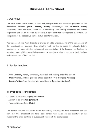 Free Business Term Sheet Template to Edit Online