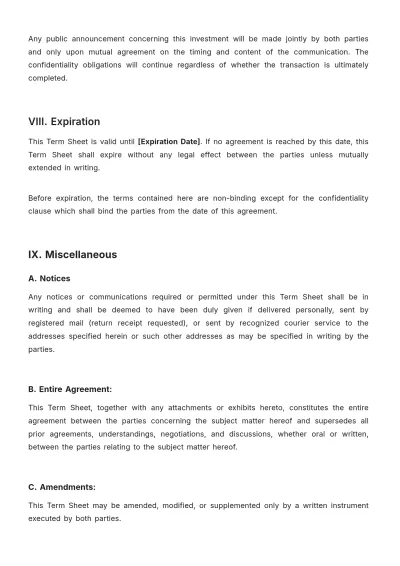Free Business Term Sheet Template to Edit Online