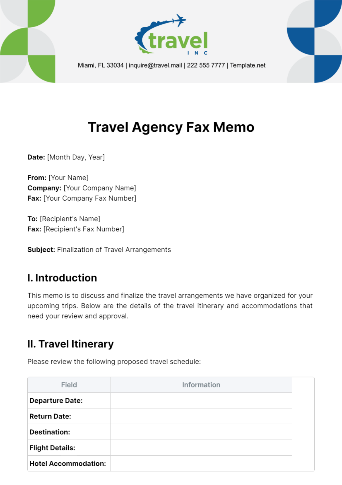Travel Agency Fax Memo Template