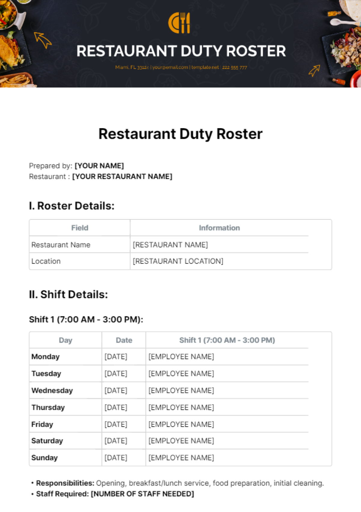 Restaurant Duty Roster Template