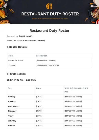 Free Restaurant Duty Roster Template to Edit Online