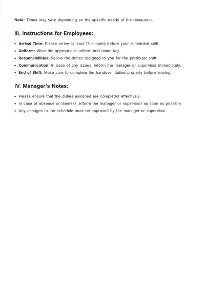 Free Restaurant Duty Roster Template to Edit Online