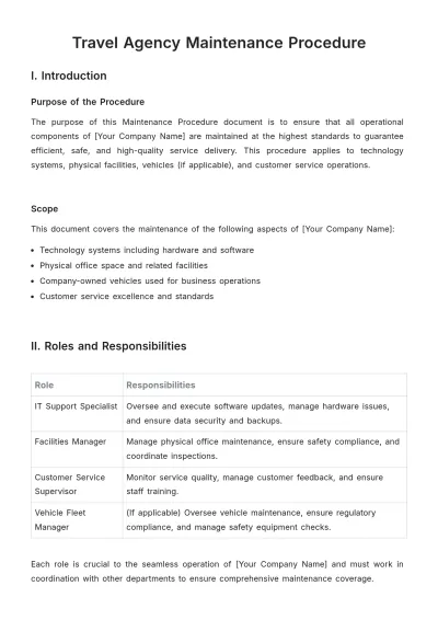 Free Travel Agency Maintenance Procedure Template to Edit Online