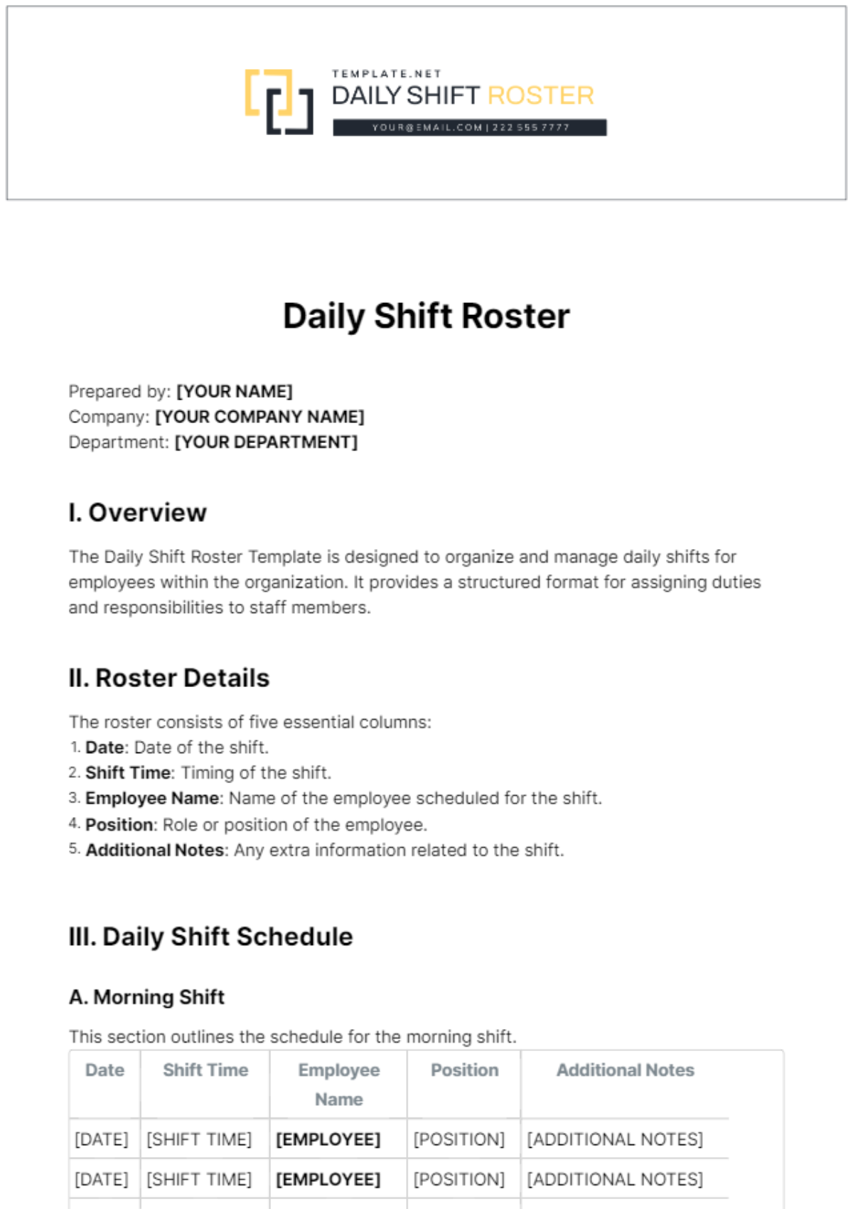 Daily Shift Roster Template