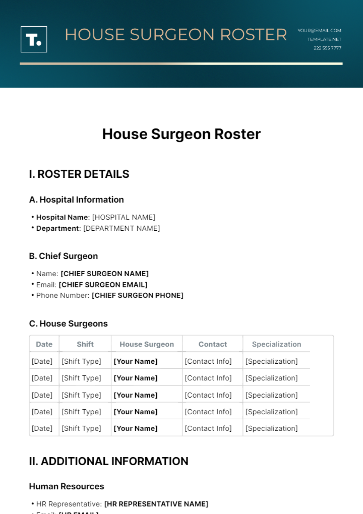 House Surgeon Roster Template