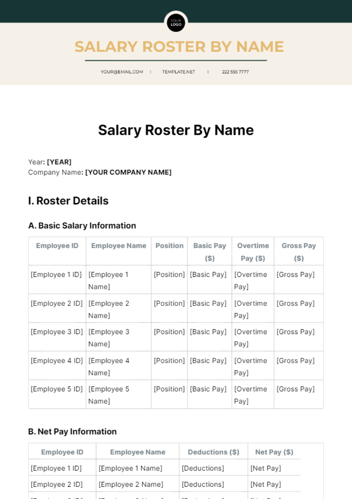 Salary Roster By Name Template