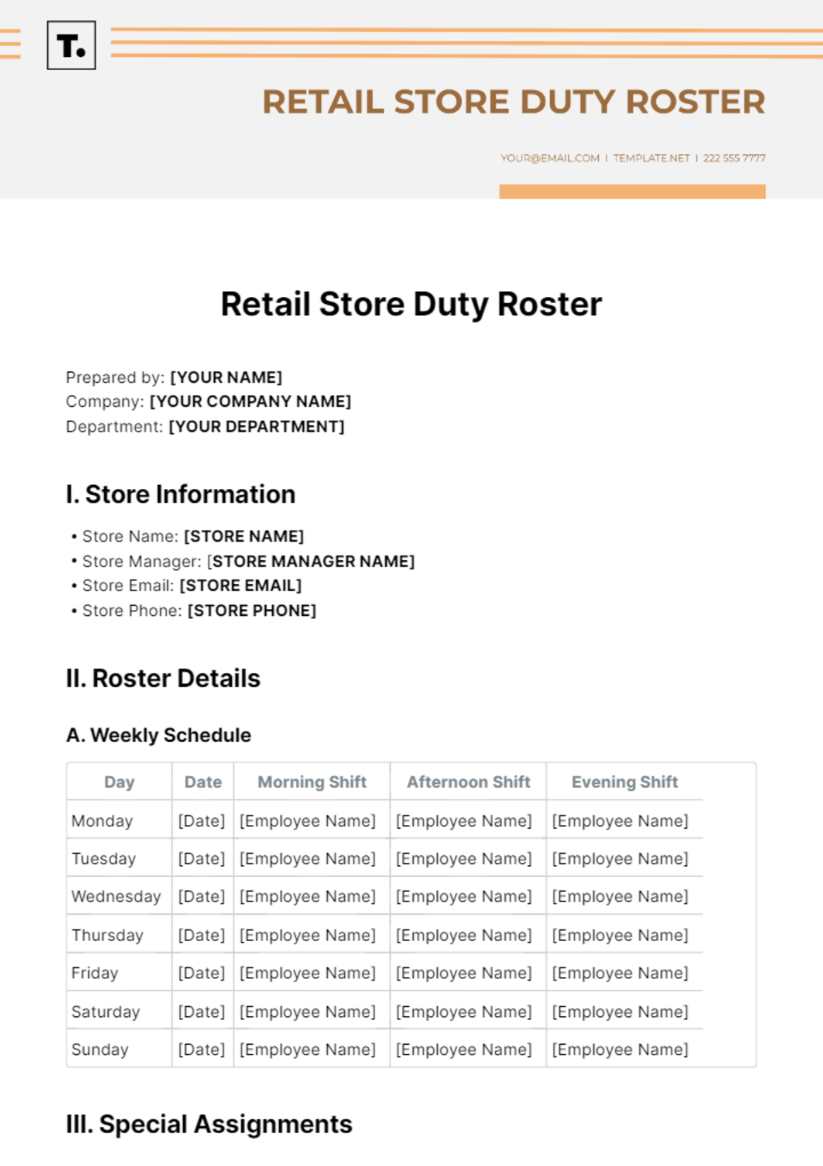 Retail Store Duty Roster Template
