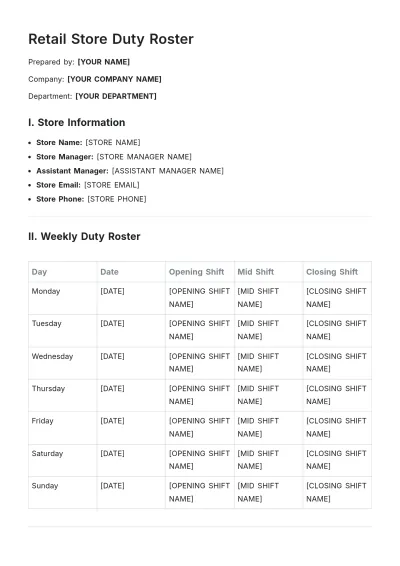 Free Retail Store Duty Roster Template to Edit Online