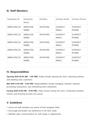 Free Retail Store Duty Roster Template to Edit Online
