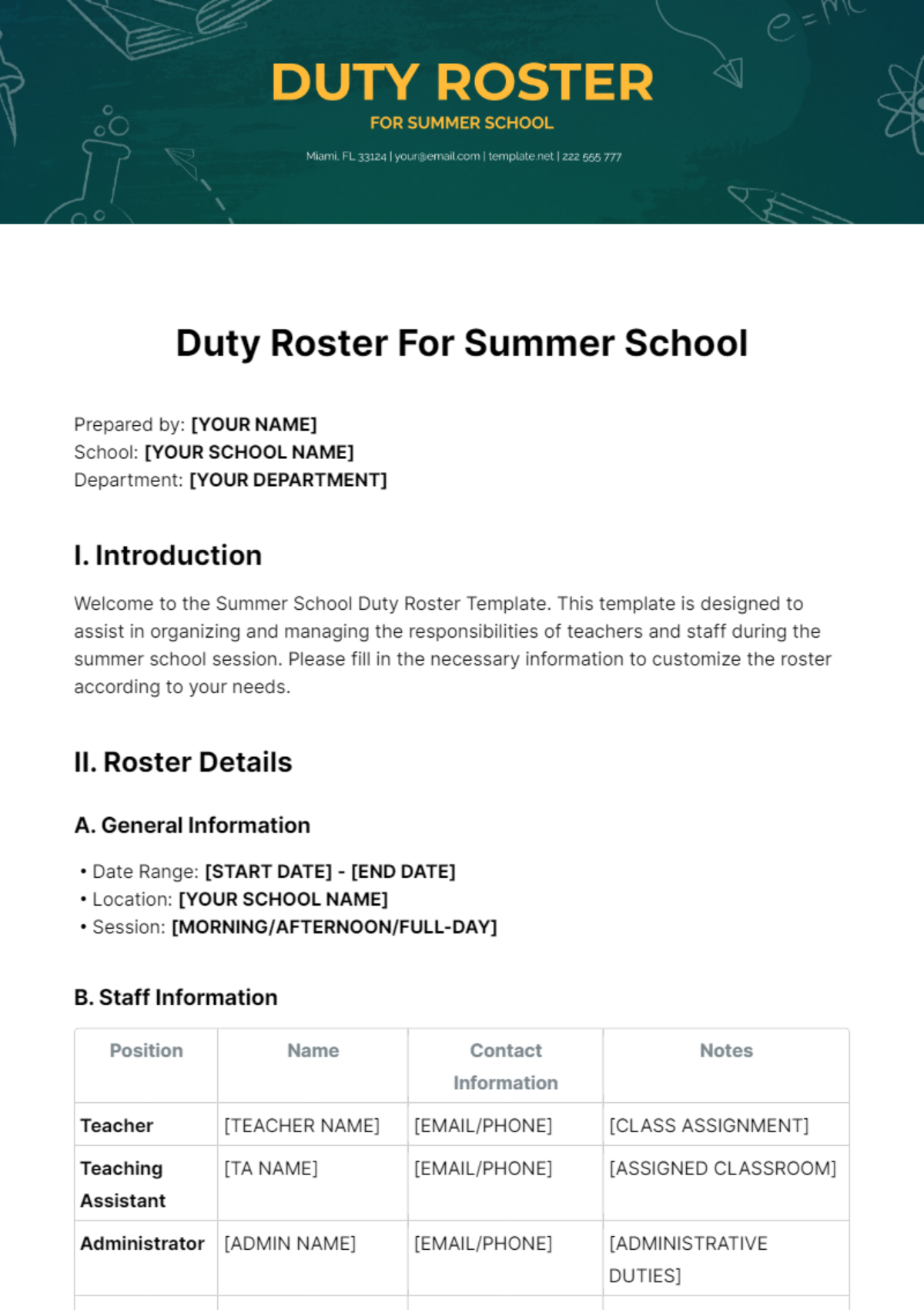 Duty Roster For Summer School Template