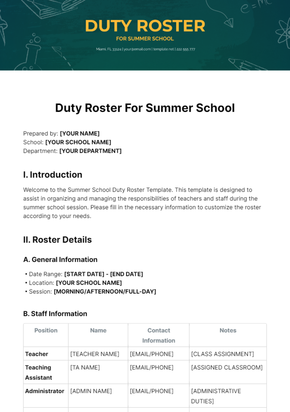 Duty Roster For Summer School Template - Edit Online & Download Example ...