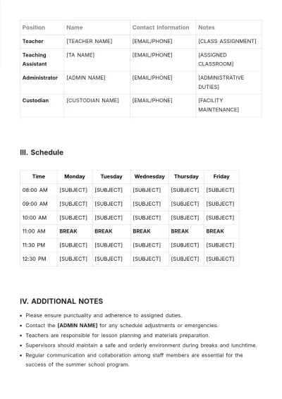 Free Duty Roster For Summer School Template to Edit Online