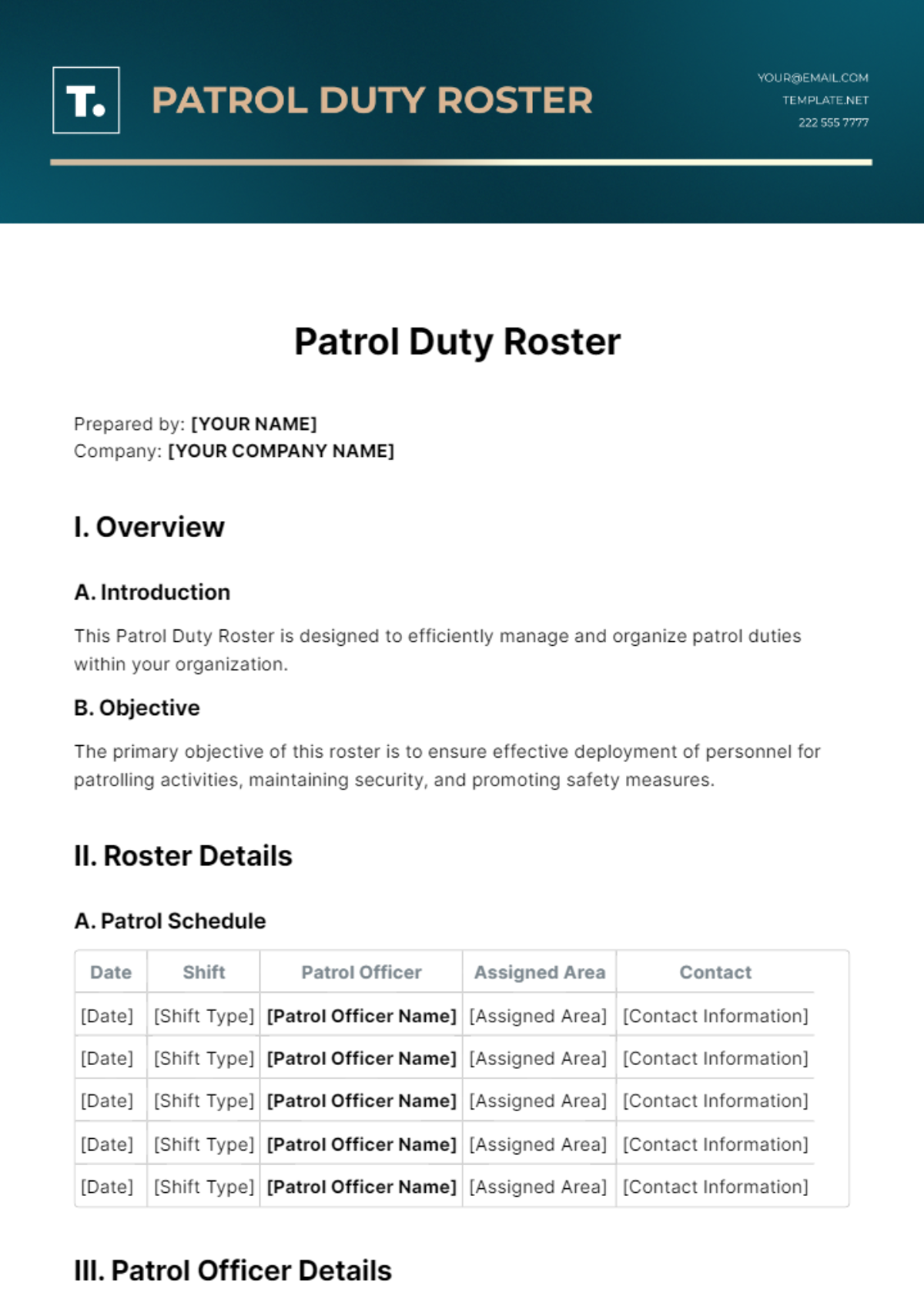 Patrol Duty Roster Template