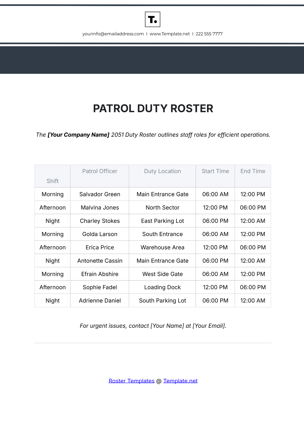 Patrol Duty Roster Template - Edit Online & Download