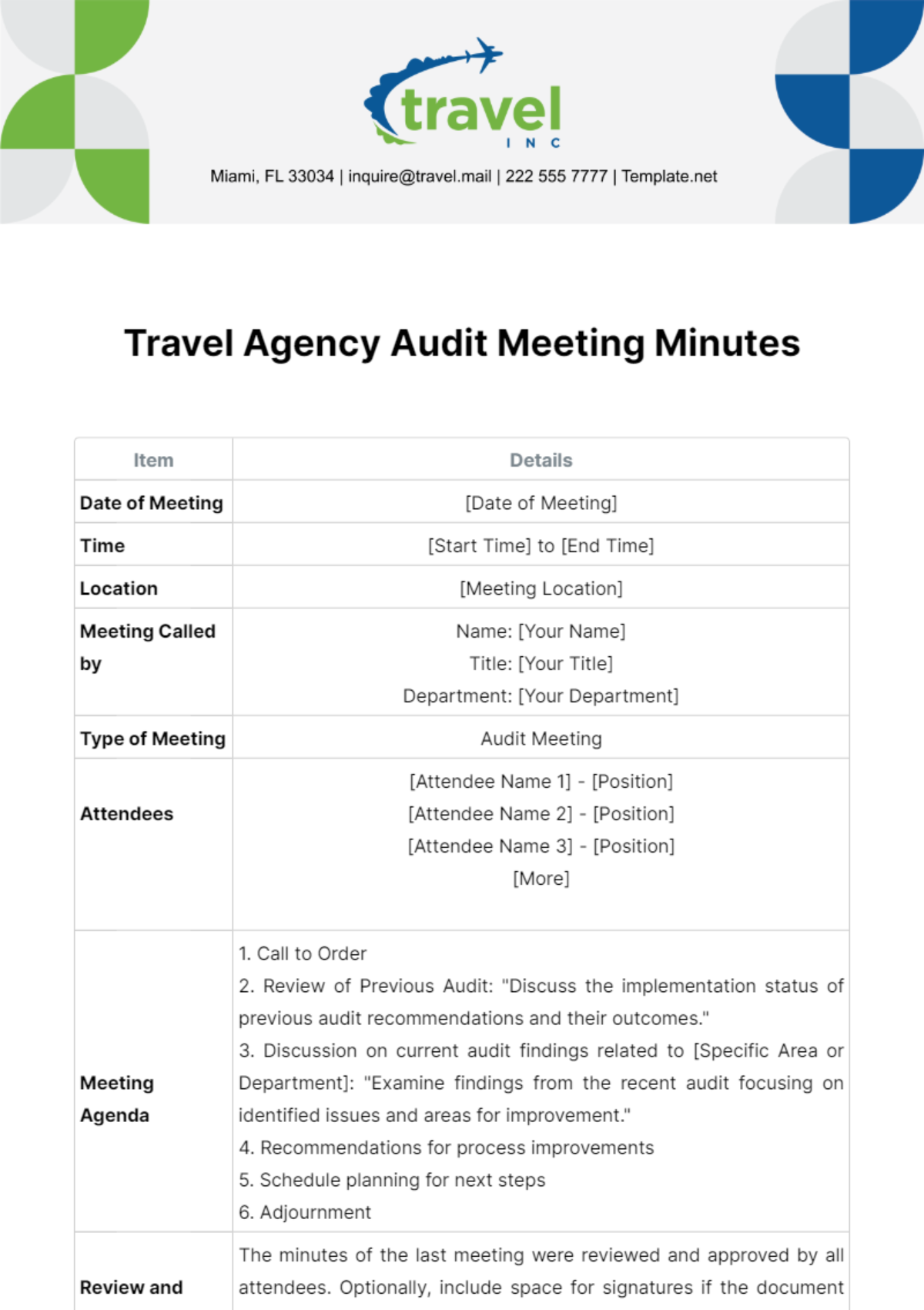Travel Agency Audit Meeting Minutes Template