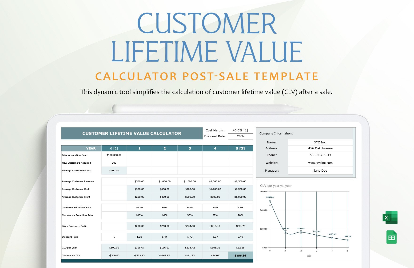 Customer Lifetime Value Calculator Post-Sale Template in Excel, Google Sheets