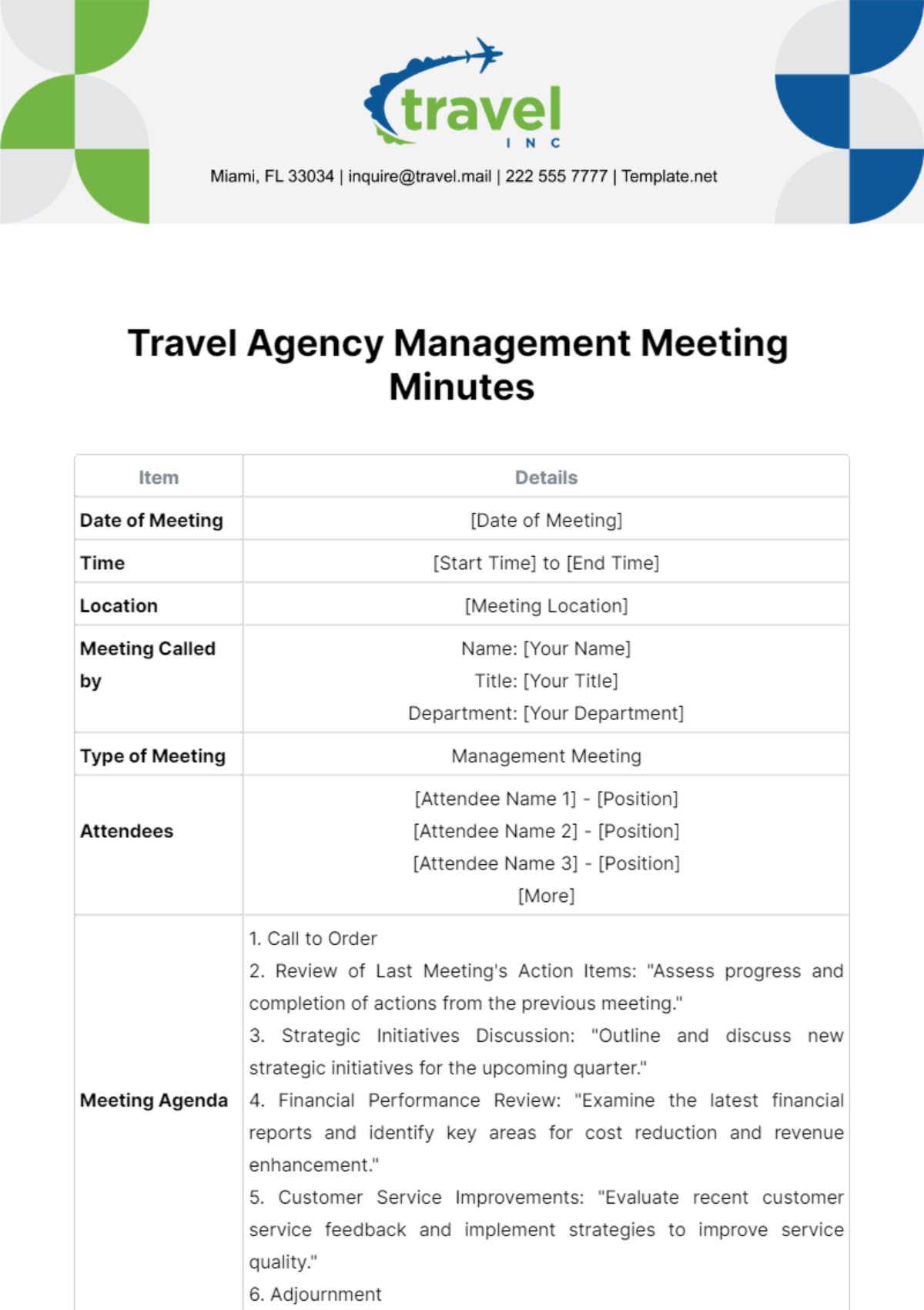 Travel Agency Management Meeting Minutes Template