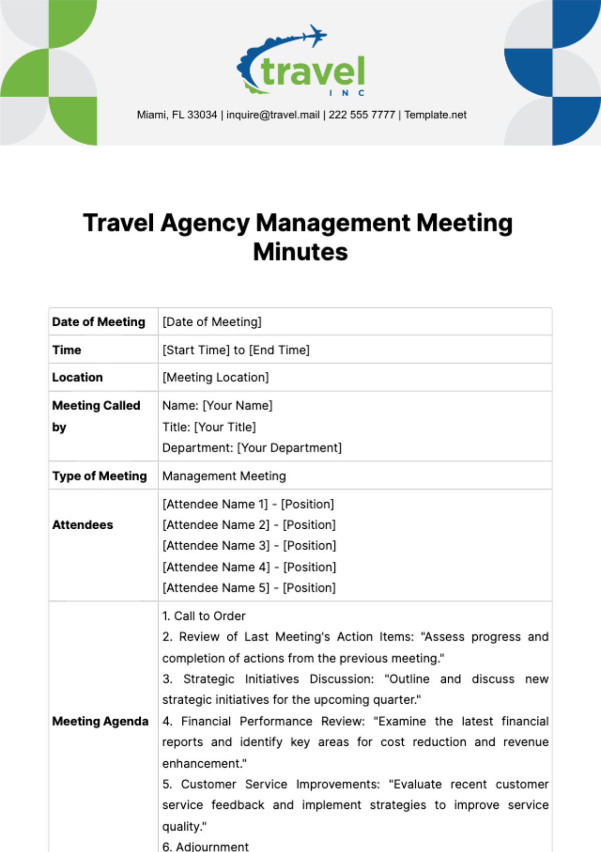 Travel Agency Management Meeting Minutes Template
