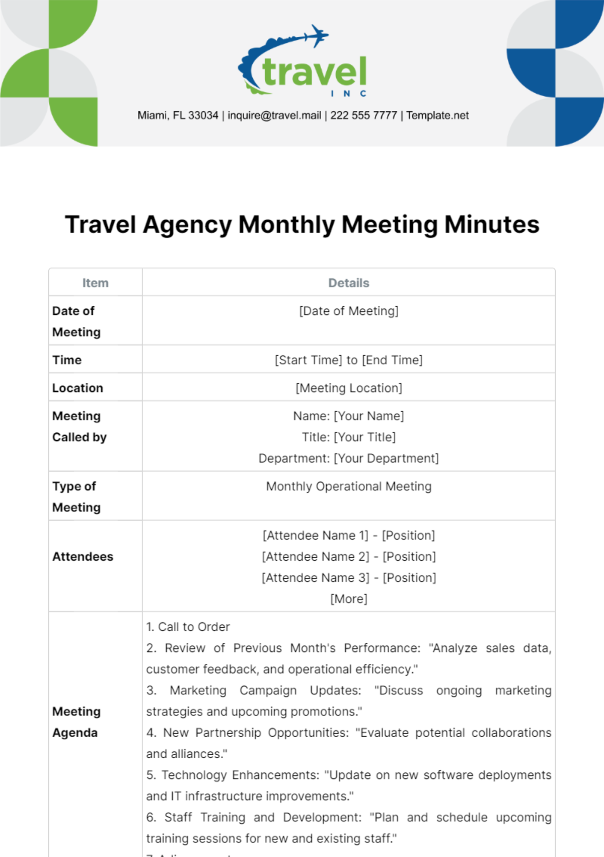 Travel Agency Monthly Meeting Minutes Template
