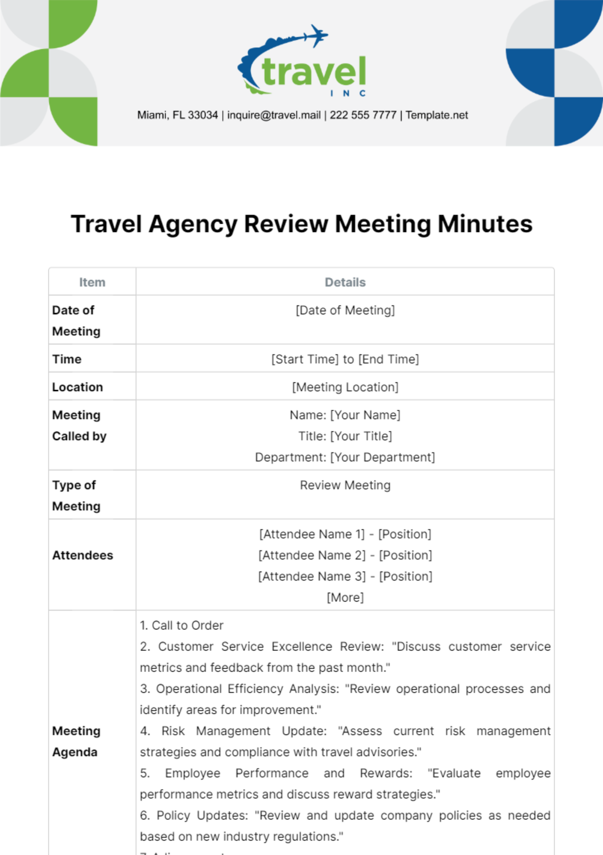 Travel Agency Review Meeting Minutes Template