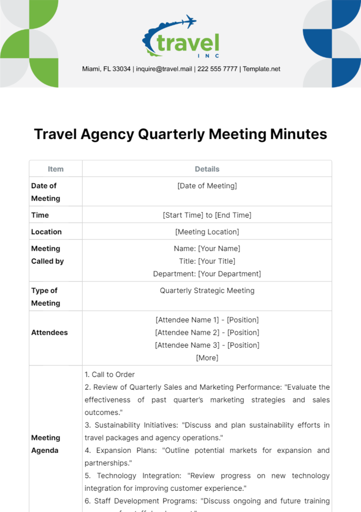Travel Agency Quarterly Meeting Minutes Template