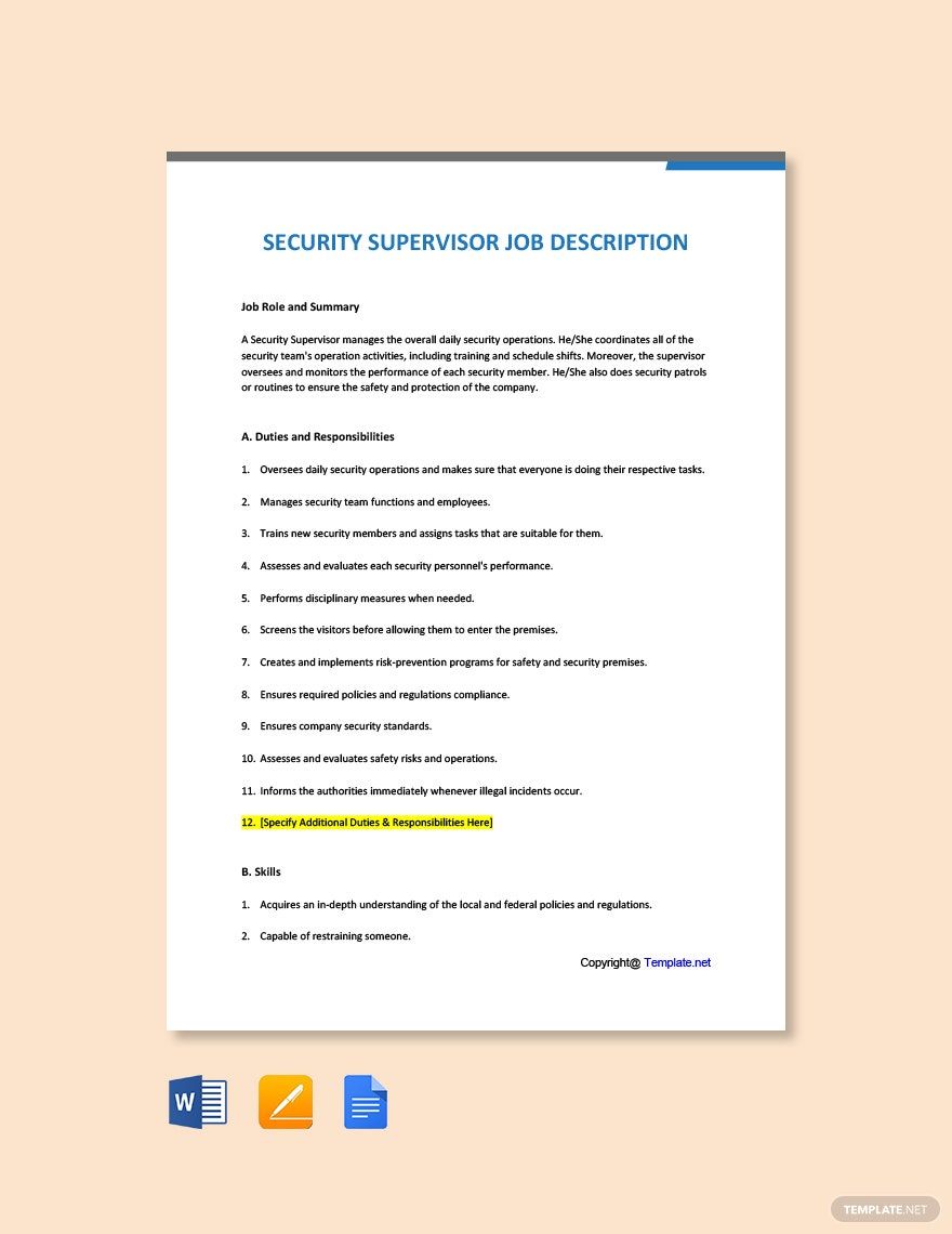 FREE Security Supervisor Word Template Download Template Net   Security Supervisor Job Description 1 