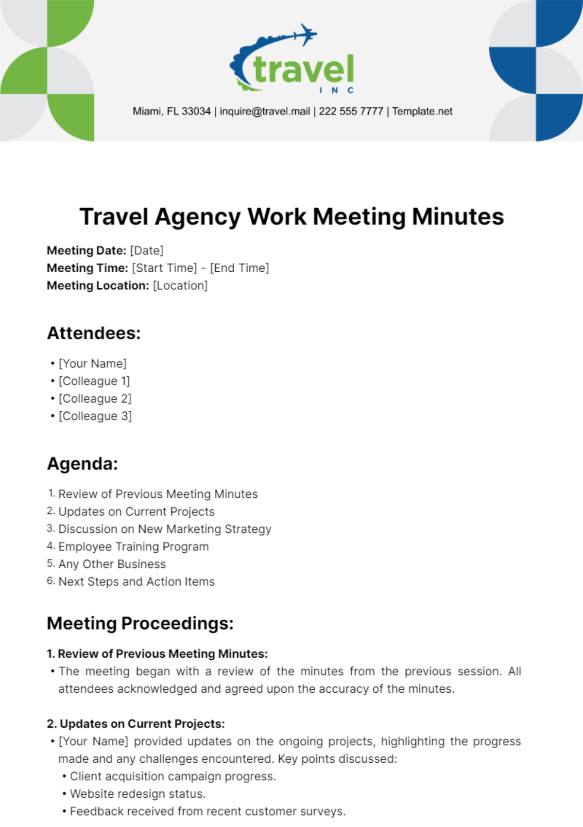 Travel Agency Work Meeting Minutes Template