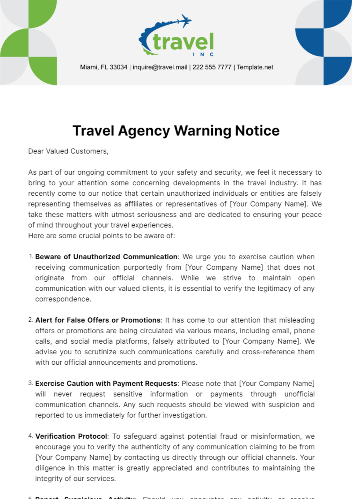 Free Travel Agency Warning Notice Template