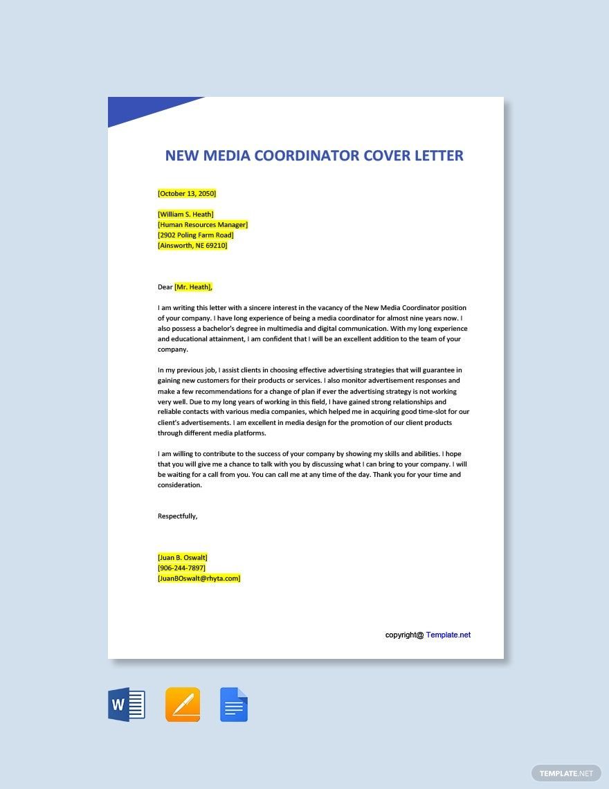 Free New Media Coordinator Cover Letter Template