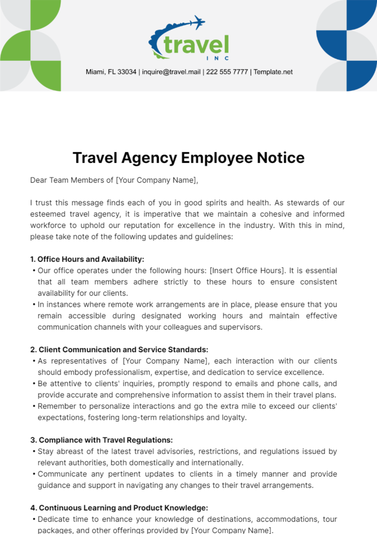 Travel Agency Employee Notice Template