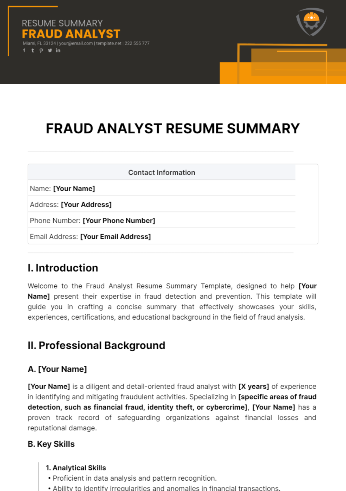 Fraud Analyst Resume Summary Template