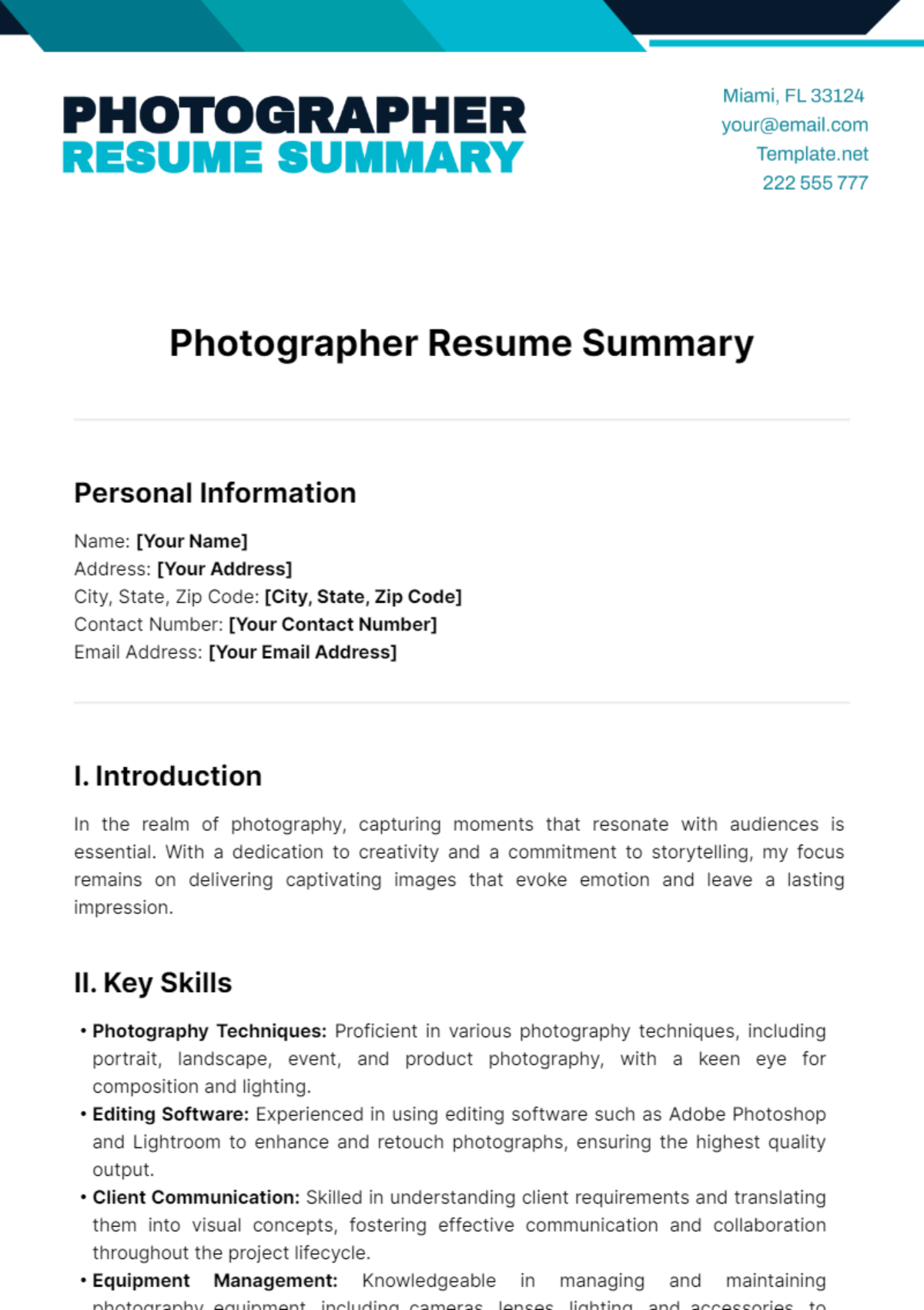 Photographer Resume Summary Template