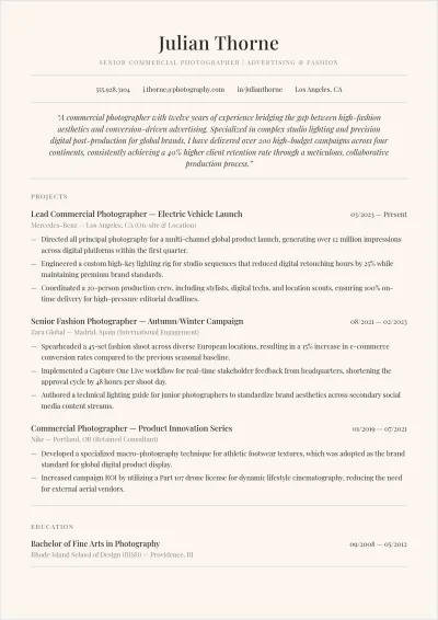Free Photographer ATS Resume Summary Template, AI Resume Builder