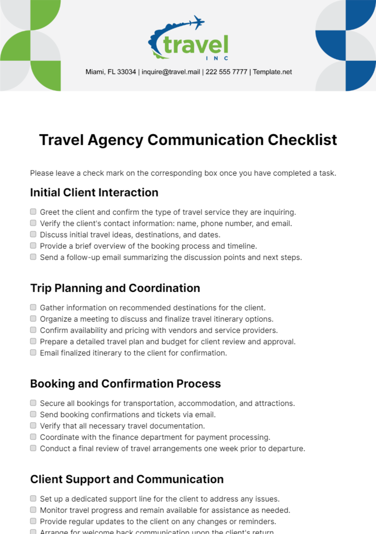 Travel Agency Communication Checklist Template