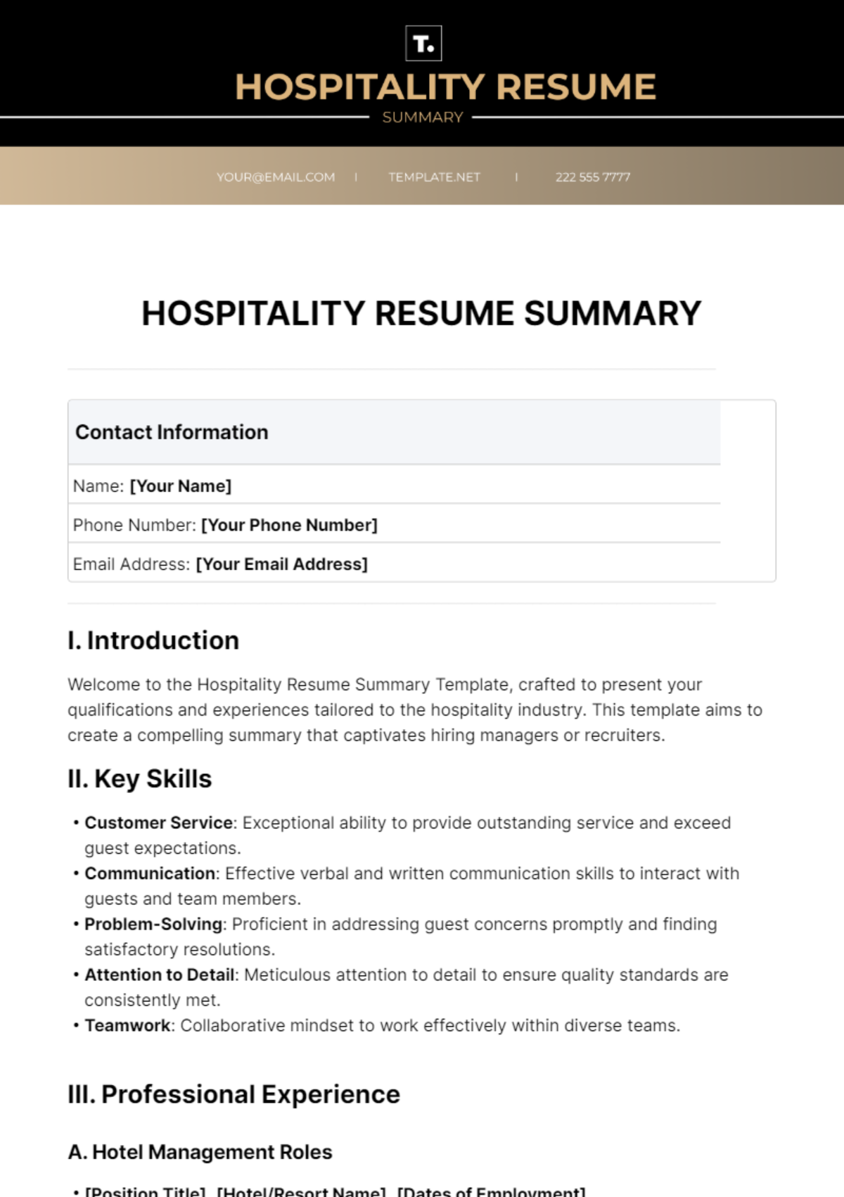 Hospitality Resume Summary Template