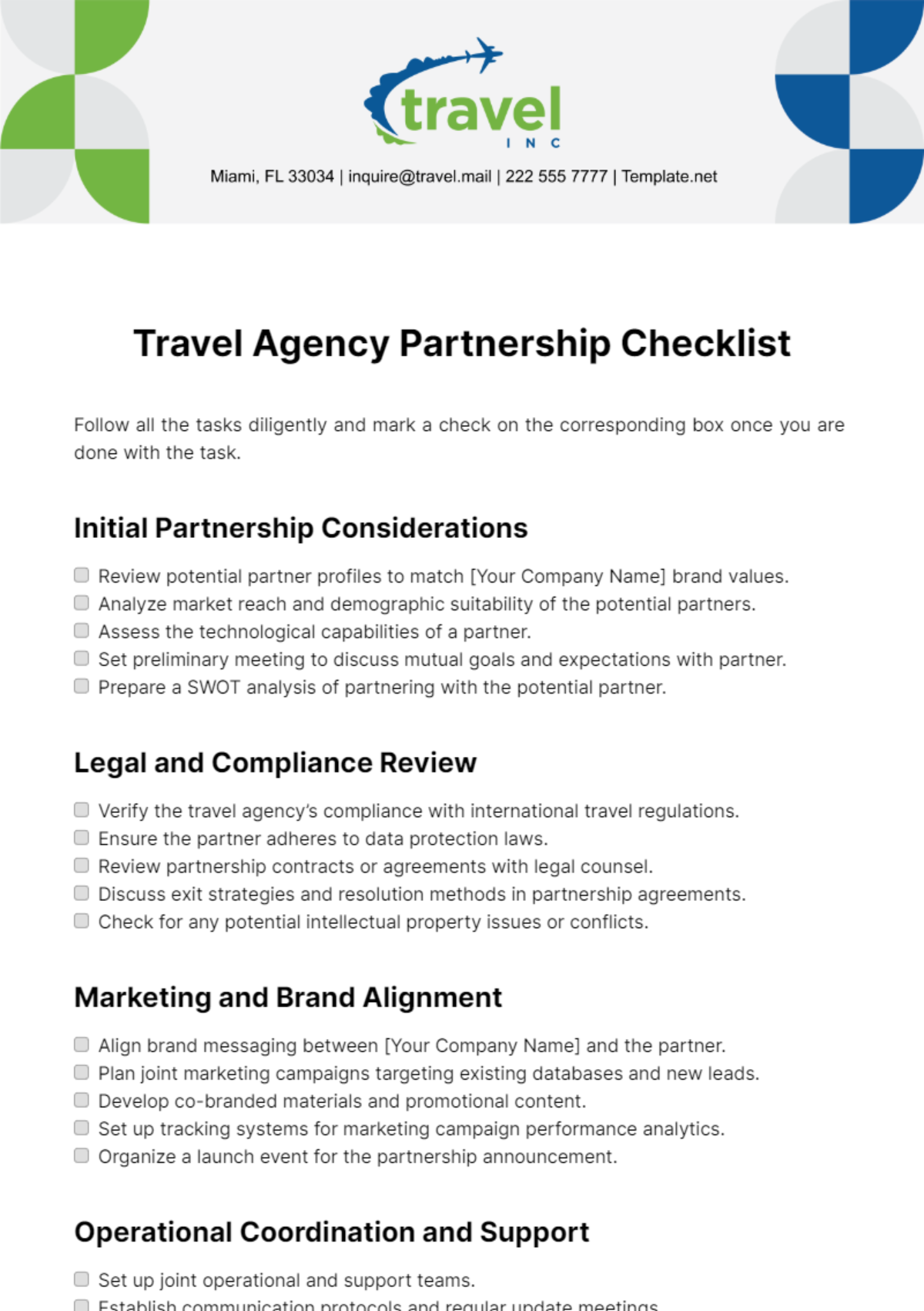 Free Travel Agency Partnership Checklist Template