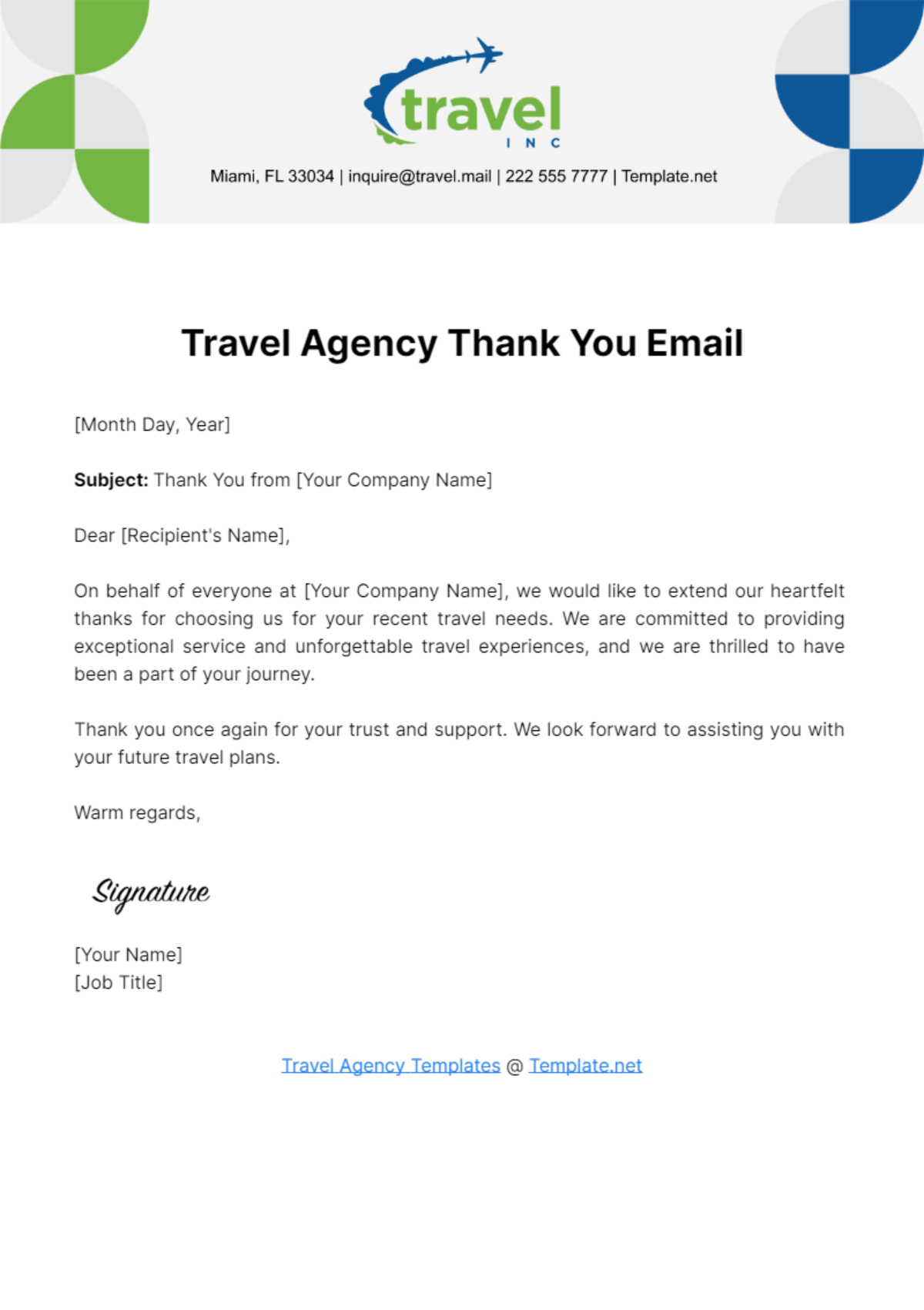 Free Travel Agency Thank You Email Template
