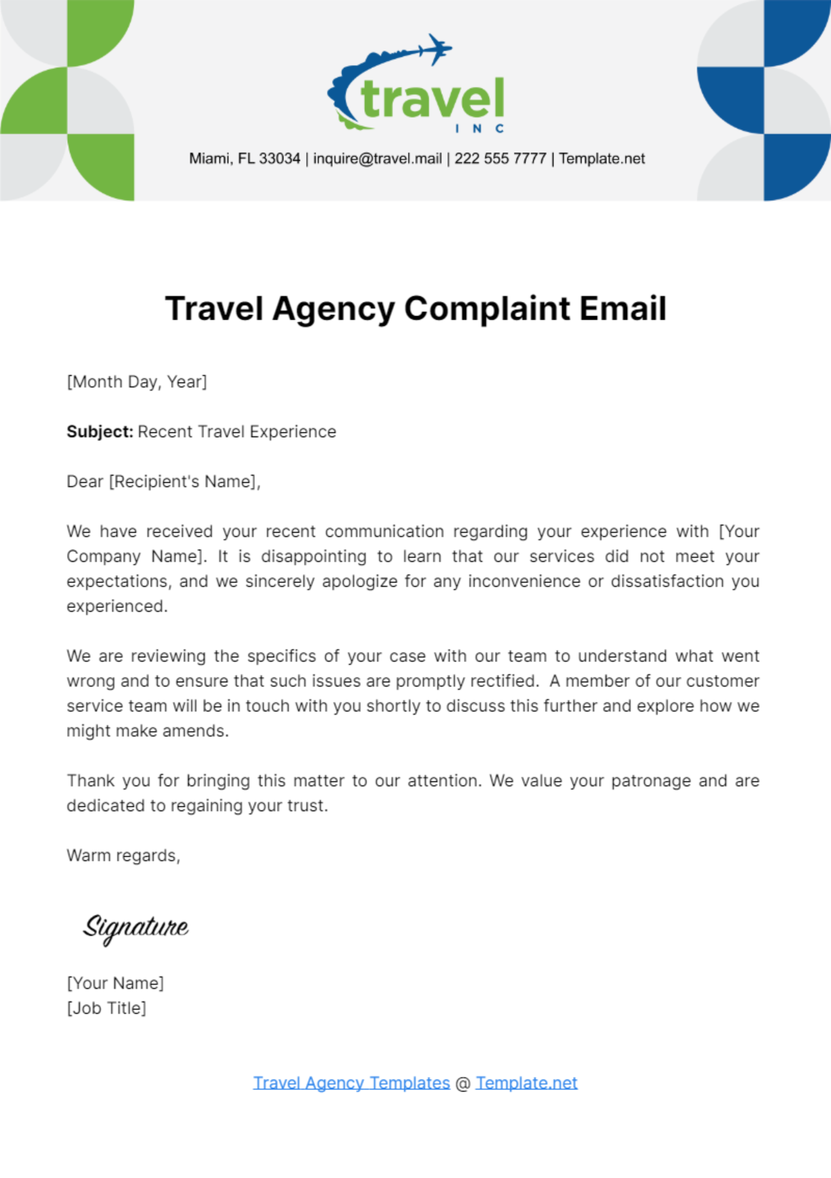 Travel Agency Complaint Email Template