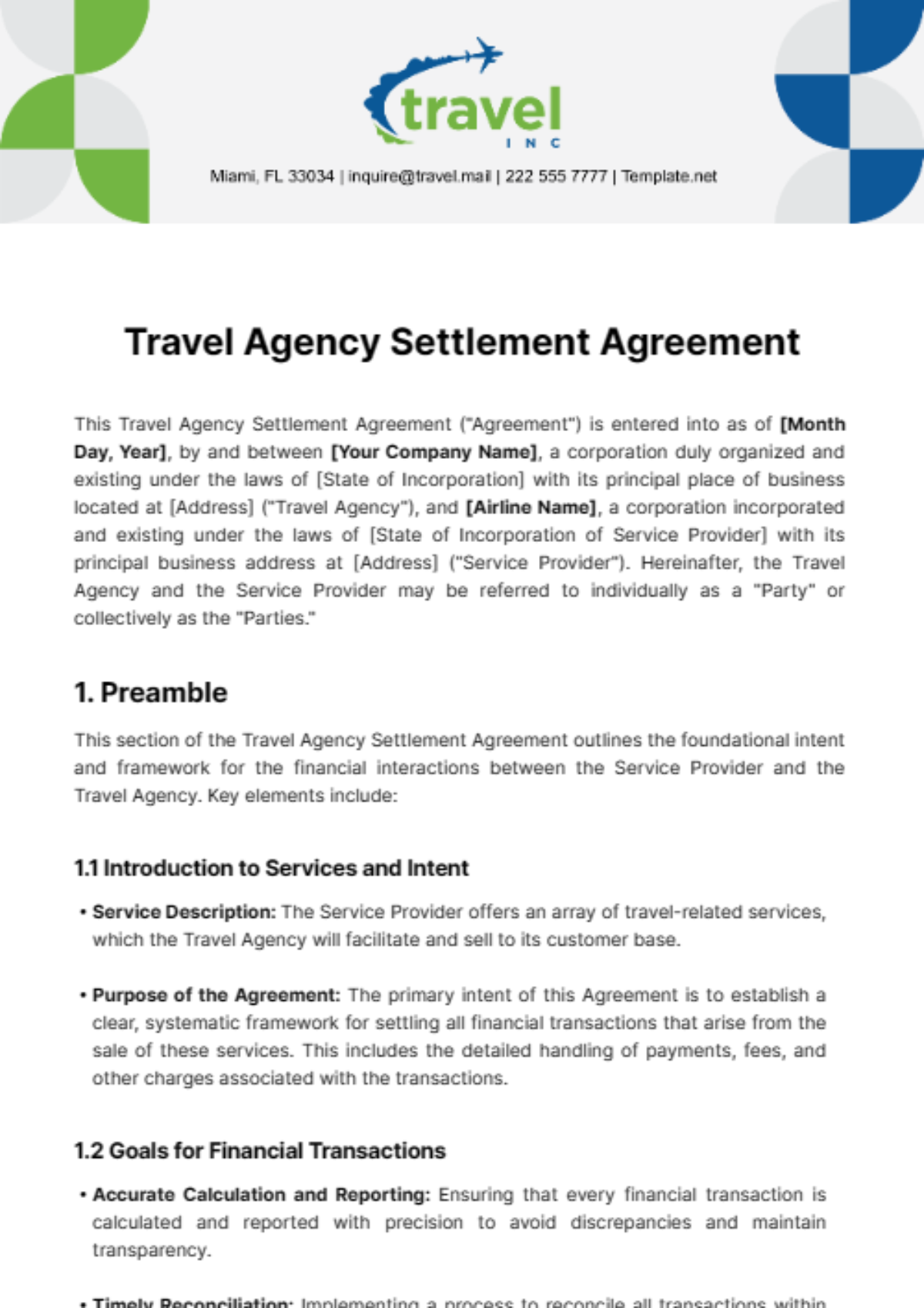 Travel Agency Settlement Agreement Template