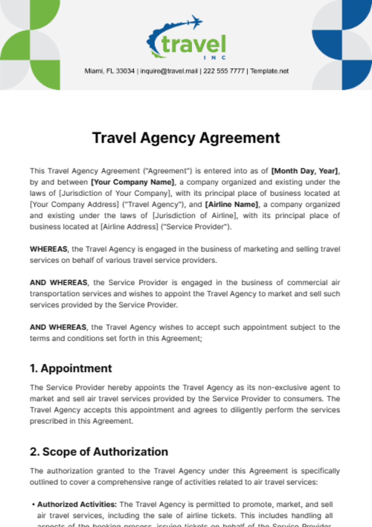Travel Agency Agreement Template