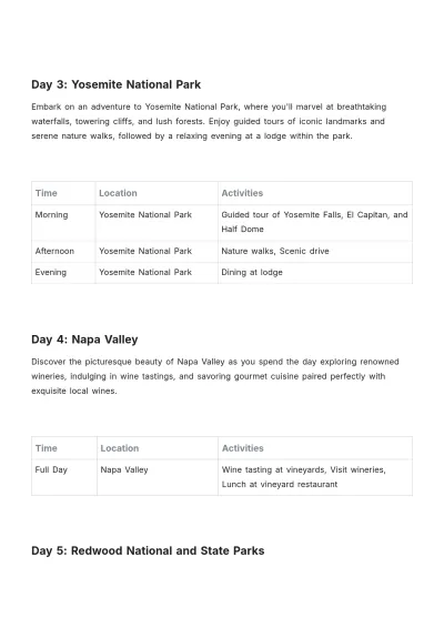 Free Northern California Trip Itinerary Template to Edit Online