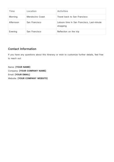Free Northern California Trip Itinerary Template to Edit Online
