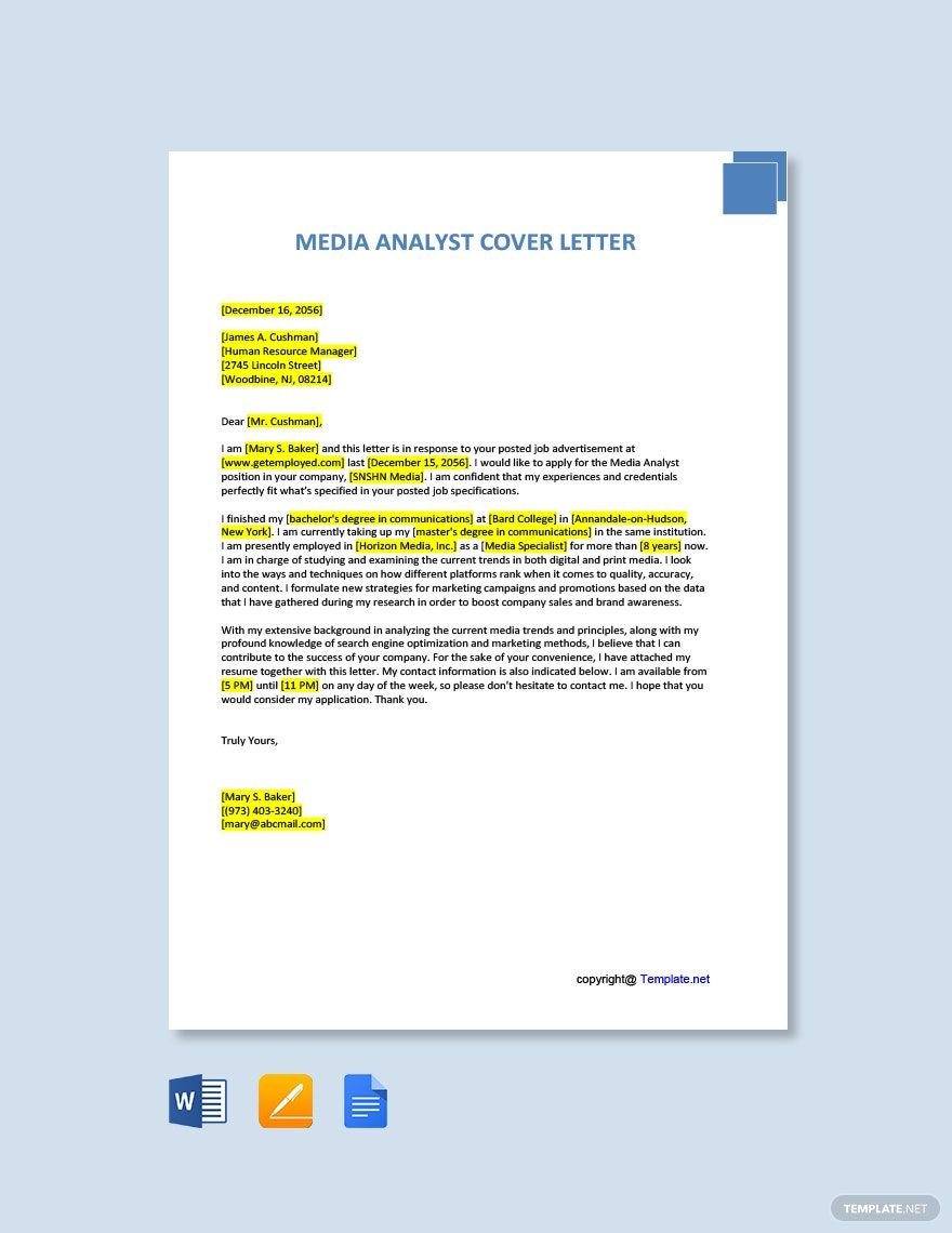 Free Media Analyst Cover Letter Template