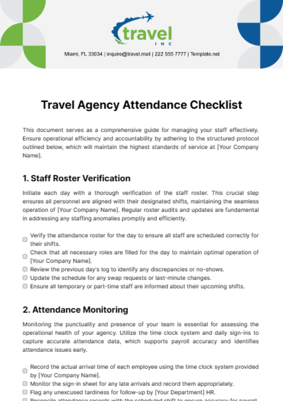 Travel Agency Attendance Checklist Template