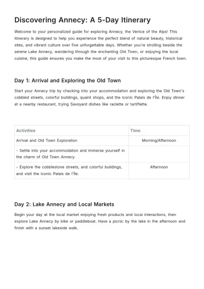 Free Annecy Itinerary Template to Edit Online