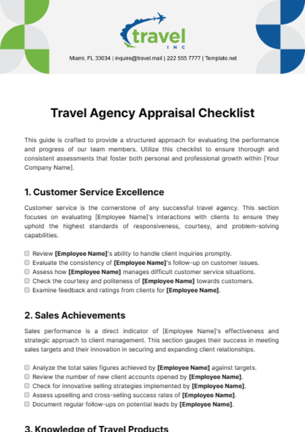 Travel Agency Appraisal Checklist Template