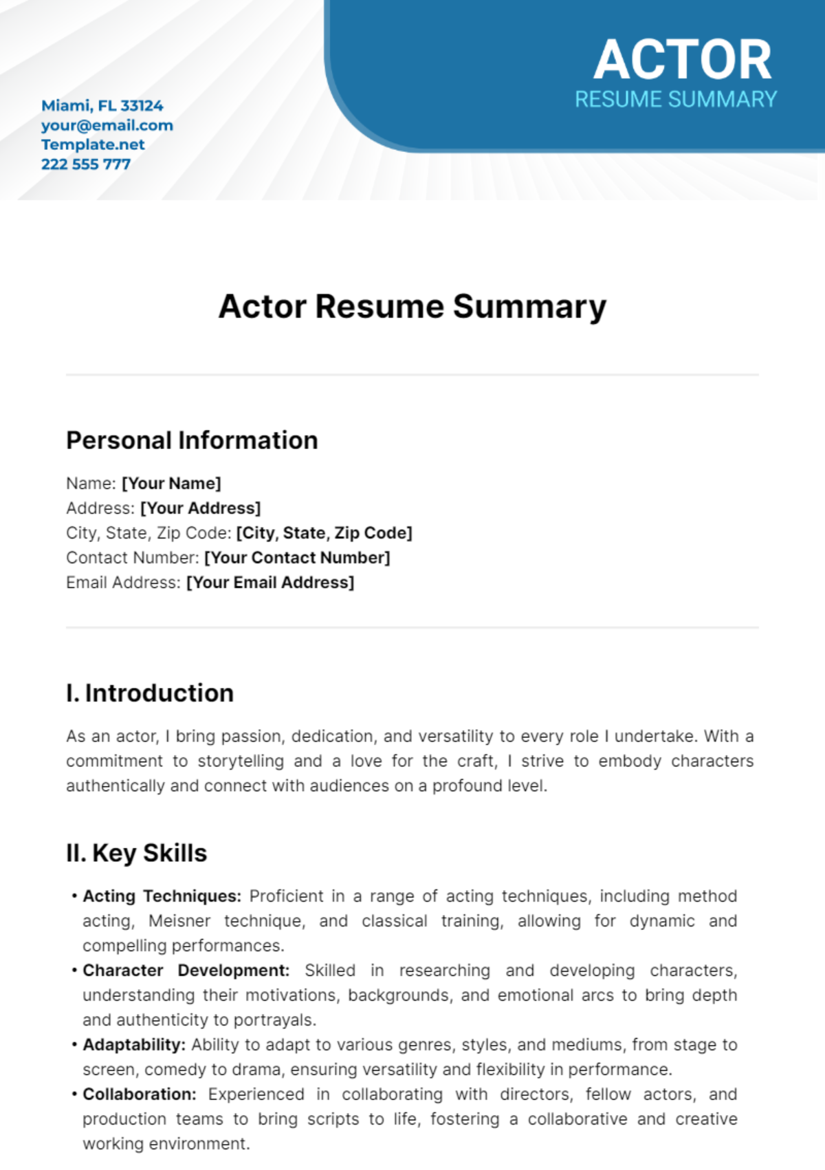 Actor Resume Summary Template